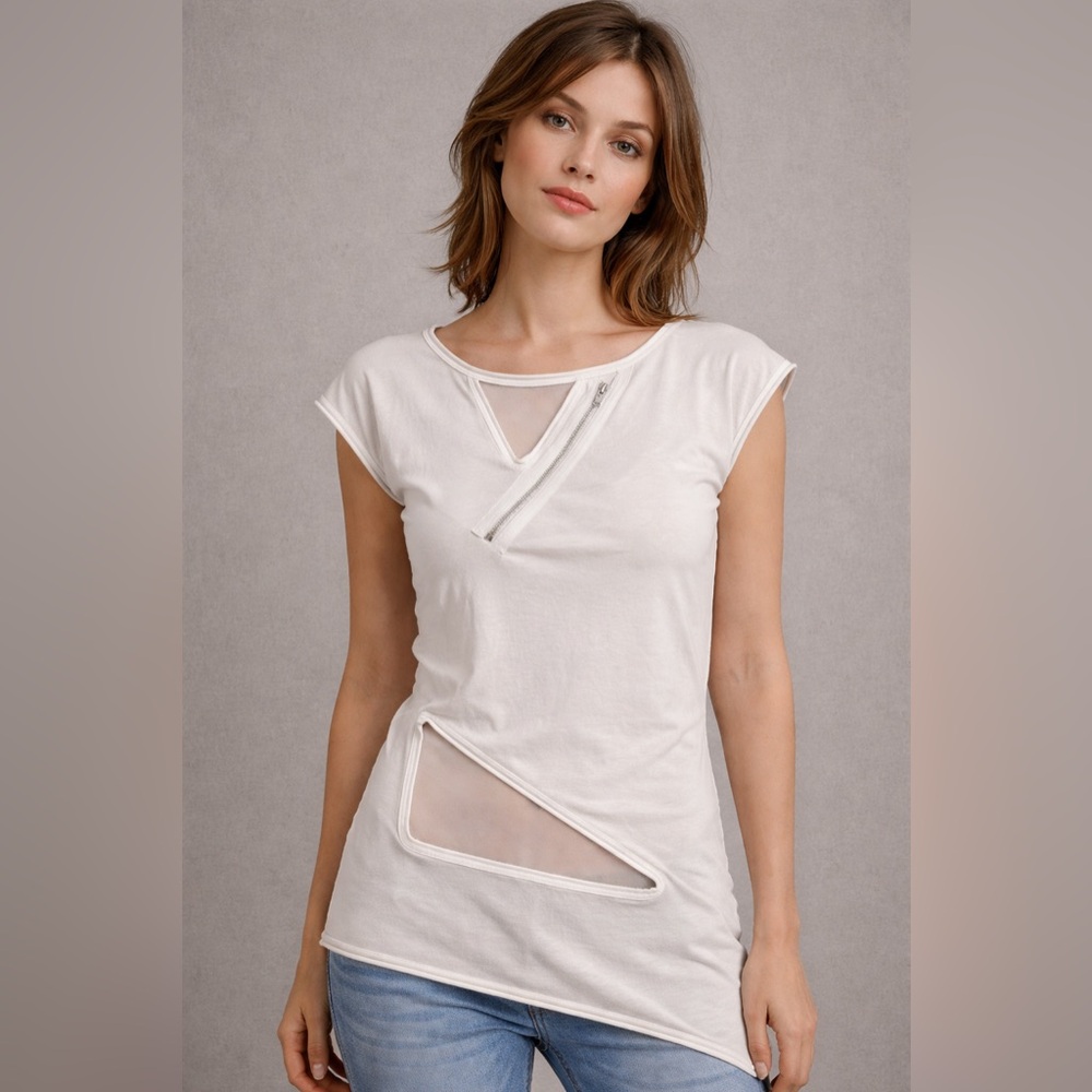 Alice+Olivia Suzanna Georgette Inset Edgy Cream XS Asymmetrical Zip Top